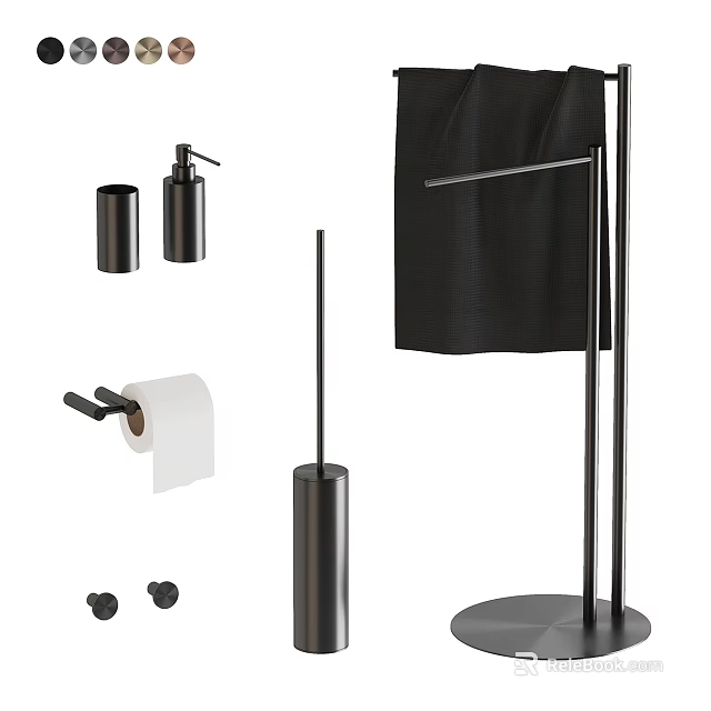 Modern Black Bathroom Accessories With Towel Rack Soap Dispenser Toilet Paper Holder And Brush Stand 3d model 