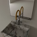 Double Curved Silver Faucet with Yellow Handle on Marble White Countertop and Square Silver Mirror