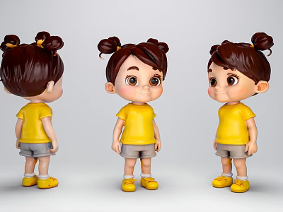 Game Animation Character Cartoon Girl Three Angles Yellow Shirt Gray Shorts Yellow Shoes Double Bun 3d model