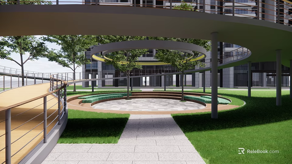 Courtyard Garden With Circular Pathway Green Lawn Stone Pavement Trees And Modern Building 3d model 