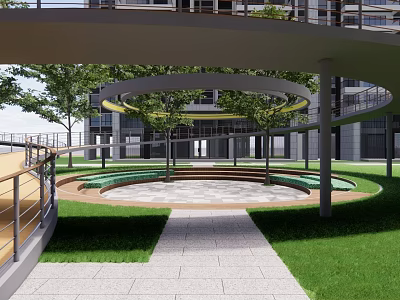 Courtyard Garden With Circular Pathway Green Lawn Stone Pavement Trees And Modern Building 3d model