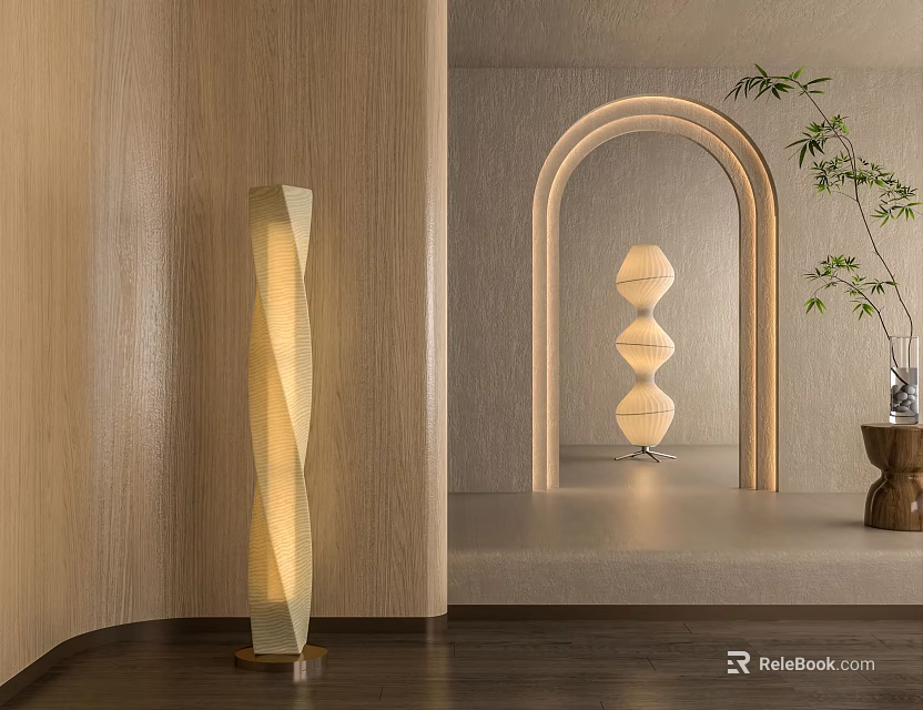 Modern Spiral Design Floor Lamp In Contemporary Interior With Wooden Wall And Arched Doorway 3d model 
