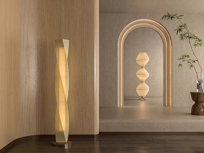 Modern Spiral Design Floor Lamp In Contemporary Interior With Wooden Wall And Arched Doorway 3d model