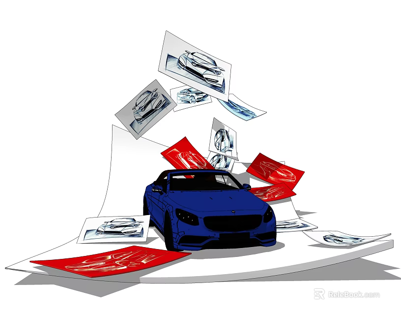 Blue Car Surrounded by Scattered Cards With Car Images and Red Accents 3d model 
