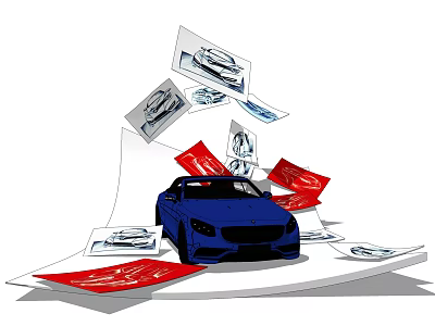 Blue Car Surrounded by Scattered Cards With Car Images and Red Accents 3d model