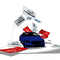 Blue Car Surrounded by Scattered Cards With Car Images and Red Accents