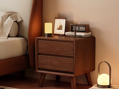 Wooden Bedside Table With Two Drawers Table Lamp Photo Frame And Books 3d model