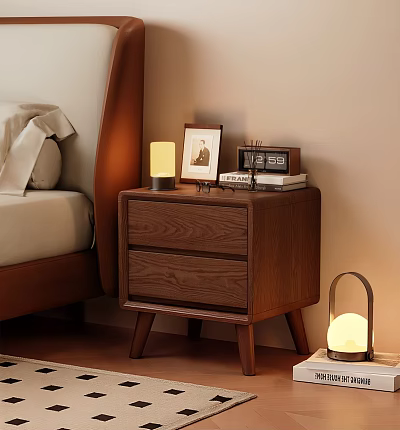 Wooden Bedside Table With Two Drawers Table Lamp Photo Frame And Books 3d model
