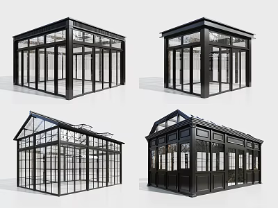 Modern Black Frame Glass House Designs With Various Roof And Panel Structures 3d model