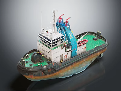 Tugboat Model With Green Deck White Superstructure And Blue Crane 3d model