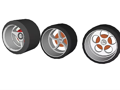 Three Black Car Tires With Different Silver And Orange Wheel Rim Designs 3d model