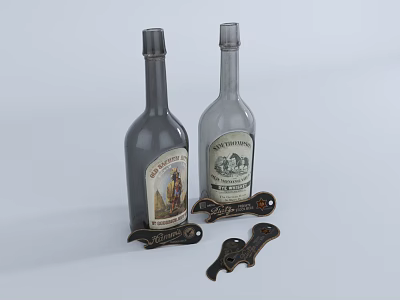 Dark And Light Colored Wine Bottles With Decorative Labels And Wine Glasses 3d model
