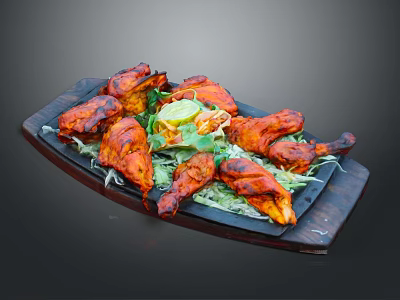 Grilled Chicken Pieces on Wooden Platter with Fresh Greens and Lemon Garnish 3d model