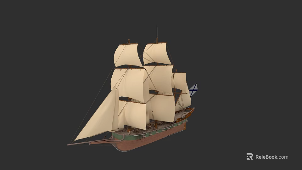 Historical Sailing Warship With Multiple White Sails And Tall Masts 3d model 