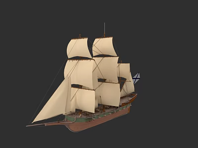 Historical Sailing Warship With Multiple White Sails And Tall Masts 3d model