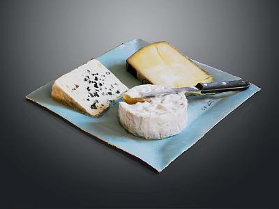 Three Types of Cheeses Served On Blue Plate With Cheese Knife 3d model