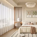 Serene Bedroom Interior with Neutral Tones Chandelier Artwork Bed Rug Dressing Table and Window Curtains