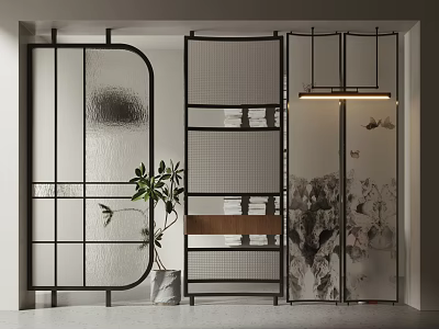 Modern Room Dividers With Glass Panels Metal Frame Grid Design Landscape Print And Green Plant 3d model