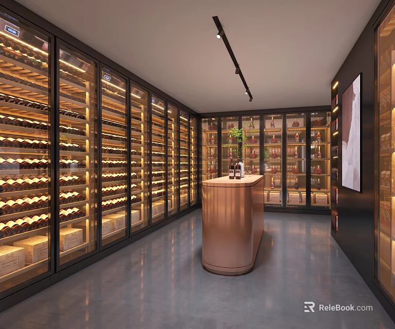 Modern Wine Cellar Interior With Glass Door Wine Racks Neatly Arranged Bottles And Copper Counter 3d model 