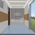 Elevator Hallway Featuring Corkboard Walls White Tile Wainscoting Light Blue Flooring And Ceiling Strips 3d model