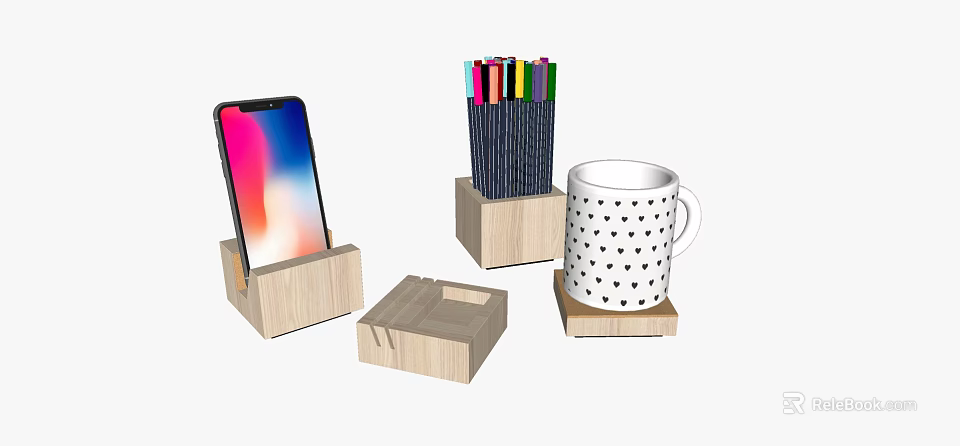 Mobile Phone Wooden Stand With Pencil Holder Storage Box And Mug Coaster 3d model 