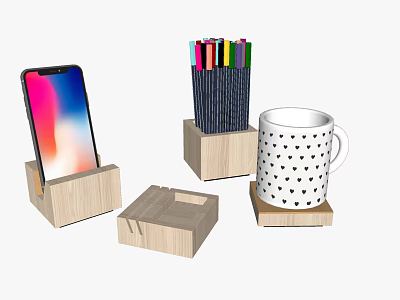 Mobile Phone Wooden Stand With Pencil Holder Storage Box And Mug Coaster 3d model