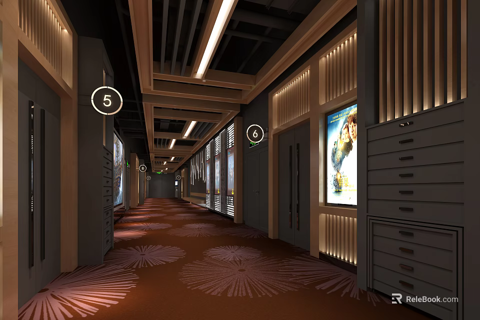 Modern Elevator Hallway With Wooden Panel Walls Red Carpet And Room Number Signs 3d model 