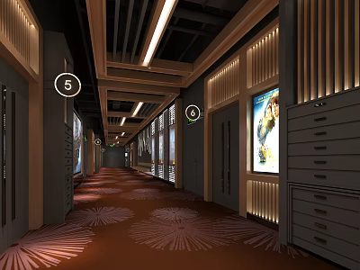 Modern Elevator Hallway With Wooden Panel Walls Red Carpet And Room Number Signs 3d model