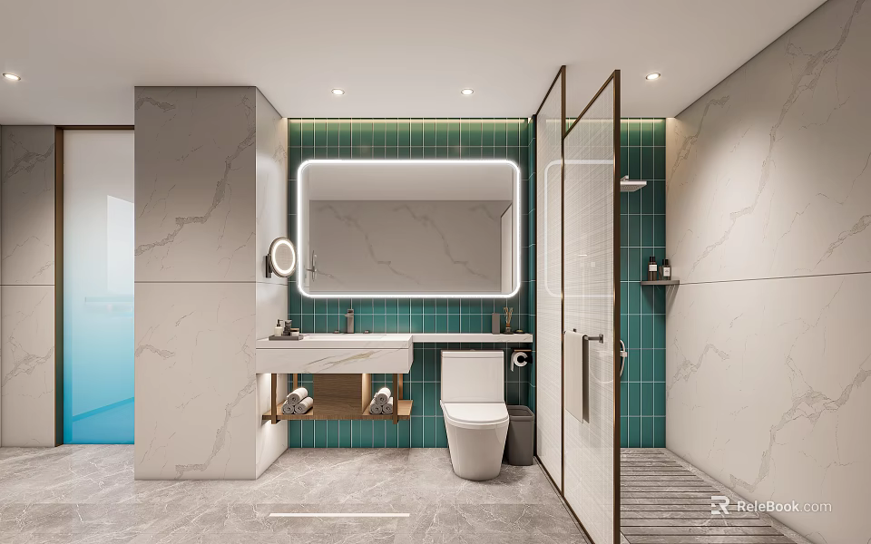 Modern Hotel Bathroom Interior With Green Tiled Walls Glass Shower And Marble Vanity 3d model 