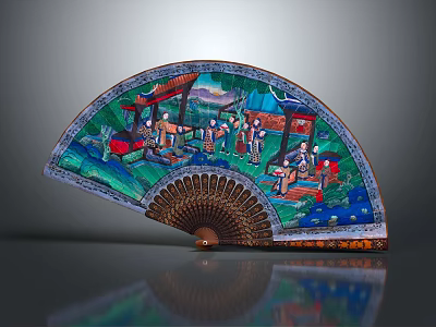 Traditional Colorful Painted Fan With Intricate Oriental Figure And Architecture Scenery 3d model