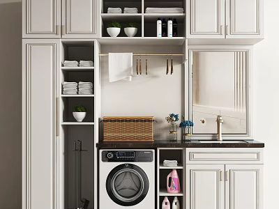 White Bathroom Cabinet With Washing Machine Mirror Storage Shelves And Decorative Plant 3d model