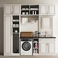 White Bathroom Cabinet With Washing Machine Mirror Storage Shelves And Decorative Plant