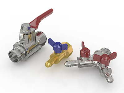 Various Metal Valves With Red And Blue Handles For Plumbing Applications 3d model