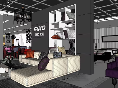 SMID Furniture Showroom Interior With Sofa Pillows Shelves Decorative Items And Chandelier 3d model