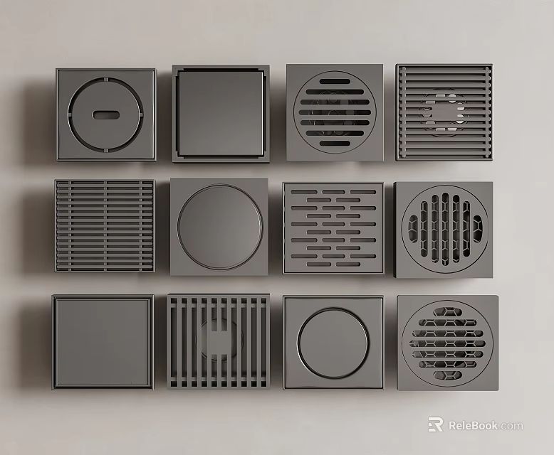 Various Floor Drain Cover Designs with Different Shapes and Grid Patterns 3d model 