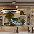 Modern Café Interior With Chandelier White Curtains Large Windows Sofa And Rug