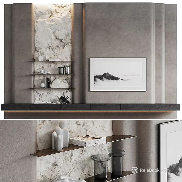 Modern Minimalist TV Wall Design With Gray Stone Finish Framed Artwork And Floating Shelves 3d model 