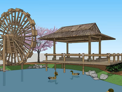 Traditional Wooden Pavilion with Large Waterwheel Ducks in Pond Pink Flowering Tree and Rocks 3d model