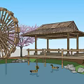 Traditional Wooden Pavilion with Large Waterwheel Ducks in Pond Pink Flowering Tree and Rocks