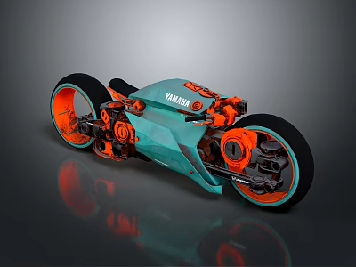 MINIMAL Teal Motorcycle With Orange Wheels And Modern Futuristic Design 3d model