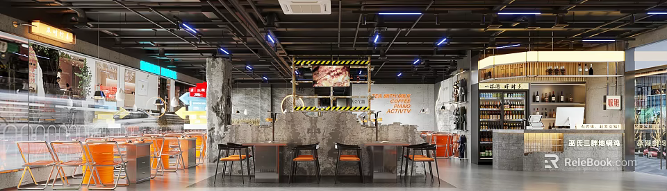 Industrial Modern Restaurant Interior With Concrete Walls Metal Lights And Orange Chairs 3d model 
