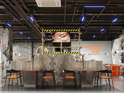 Industrial Modern Restaurant Interior With Concrete Walls Metal Lights And Orange Chairs 3d model