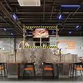 Industrial Modern Restaurant Interior With Concrete Walls Metal Lights And Orange Chairs