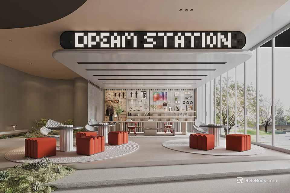 Modern Front Desk Reception Area With Dream Station Sign Orange Furniture And Large Windows 3d model 