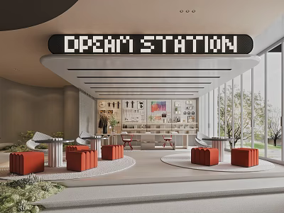 Modern Front Desk Reception Area With Dream Station Sign Orange Furniture And Large Windows 3d model
