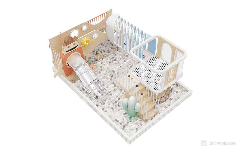 Indoor Kids Playground Equipment With Slide Mesh Structure Small House Cactus Decorations And White Granules 3d model 