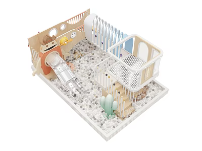 Indoor Kids Playground Equipment With Slide Mesh Structure Small House Cactus Decorations And White Granules 3d model