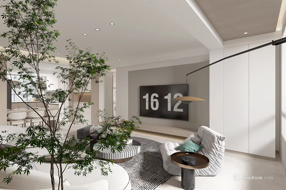 Modern Living Dining Room Interior With Large TV Comfortable Sofa Green Plants Open Design 3d model 