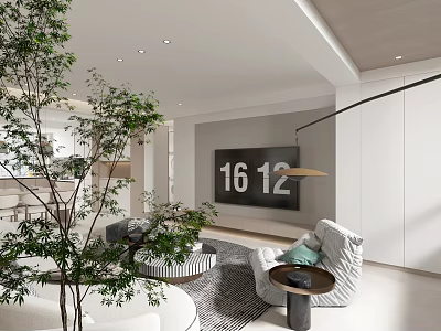 Modern Living Dining Room Interior With Large TV Comfortable Sofa Green Plants Open Design 3d model