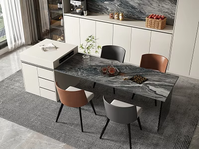 Modern Restaurant Dining Space With Marble Table Brown Gray Chairs And Decorative Plant 3d model